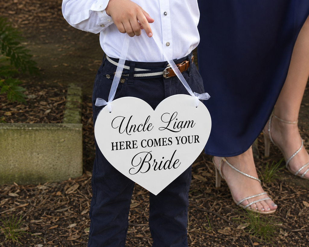 Custom ........Here Comes Your Bride  Heart Wedding Flower Girl Page Boy Sign
