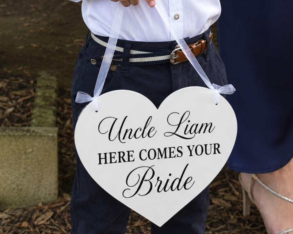 Custom ........Here Comes Your Bride  Heart Wedding Flower Girl Page Boy Sign